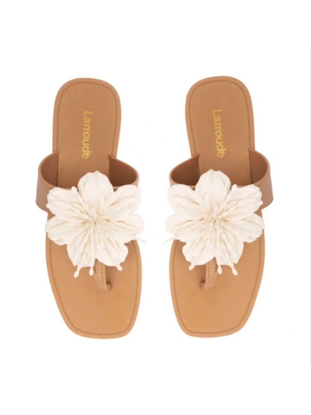 New Larroude Tan & Off-White Floral Thong Sandals Size 39/8-9